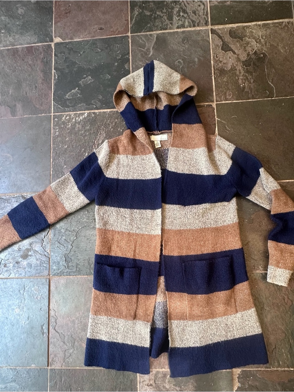 Striped Hooded Knit Cardigan - Navy, Brown & Cream